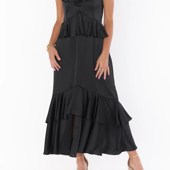 NWT Show Me Your Mumu Reese Ruffle Dress (black luxe satin) - Picture 3 of 4